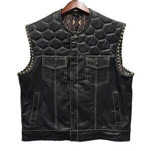 Zentreks Men's Club Style Bikers Leather Vest Sz L Honey Comb Quilted Motorcycle
